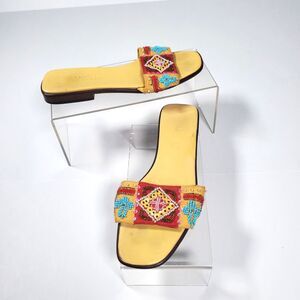 Vintage Vaneli Women’s Sandals Size 7 Yellow Red Blue Beaded Slides Boho
